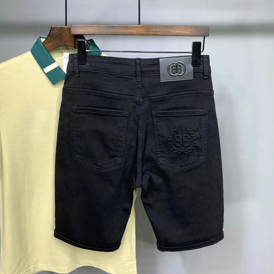 高端印花牛仔短裤男款美式休闲弹力百搭修身痞帅纯黑色夏天五分裤
