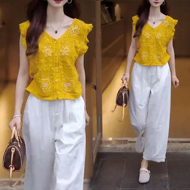 2025夏季新款木耳边v领针织衫女士显瘦气质时尚感洋气知性风衣服