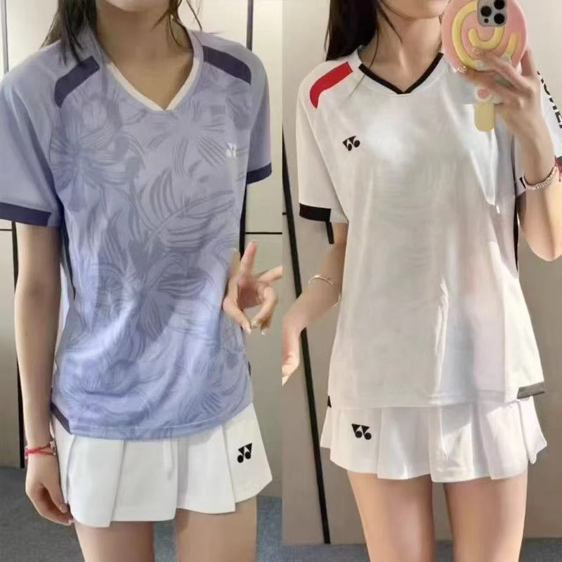 Yy尤尼女款紫色短袖速干羽毛球服透气圆领春夏比赛高质量男女套装