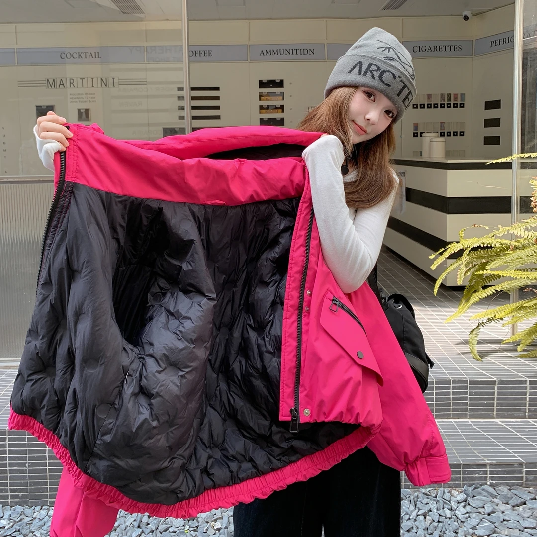 火龙果色短款工装羽绒服女冬2025新款小个子韩系爆款90白鸭绒外套