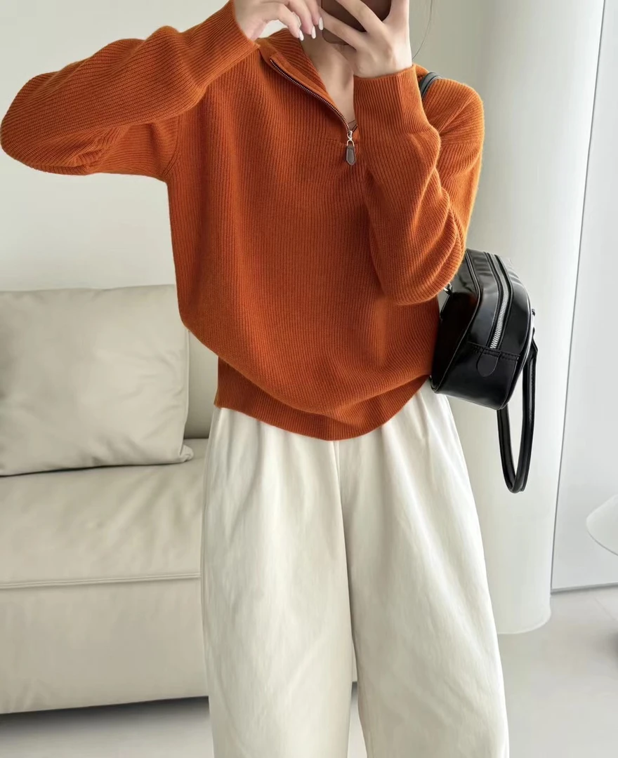 拉链时尚女毛衣长袖翻领套头短款薄款斗篷款慵懒风休闲宽松