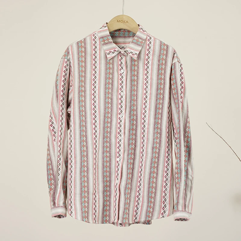 法单亚麻条纹宽松落肩长袖女士衬衫（250145）20437