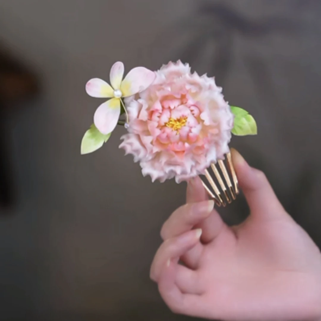 【粉牡丹】非遗古风桑蚕丝绒花花发夹鸭嘴夹日常百搭新中式