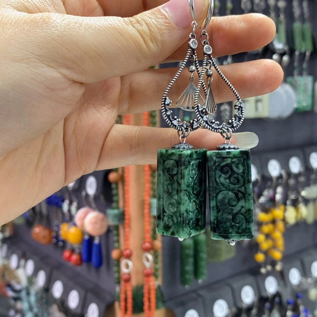 马***豆翡翠银S925镶嵌耳饰X10