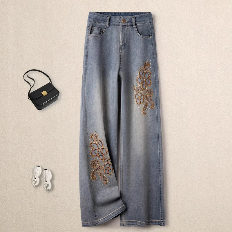 拉夏贝尔时尚新国风刺绣阔腿牛仔裤女夏2025爆款简约大码民族风裤