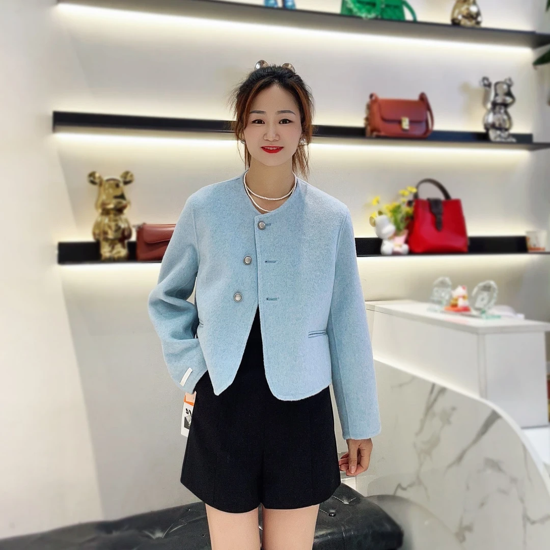 小香风双面羊毛大衣女短款气质韩版圆领羊毛呢外套百搭新款时尚