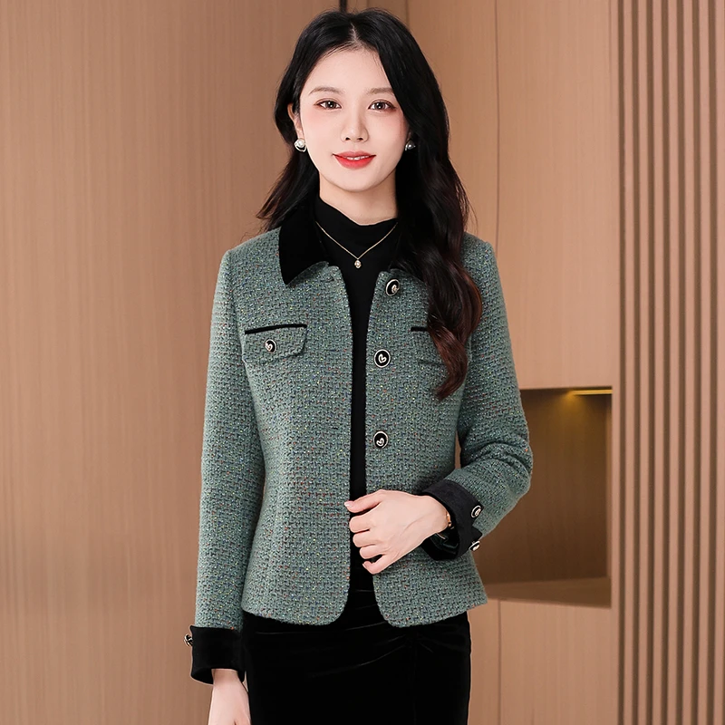 拉夏贝尔绿色小香风西装短外套女春秋装2025新款洋气爆款小个上衣
