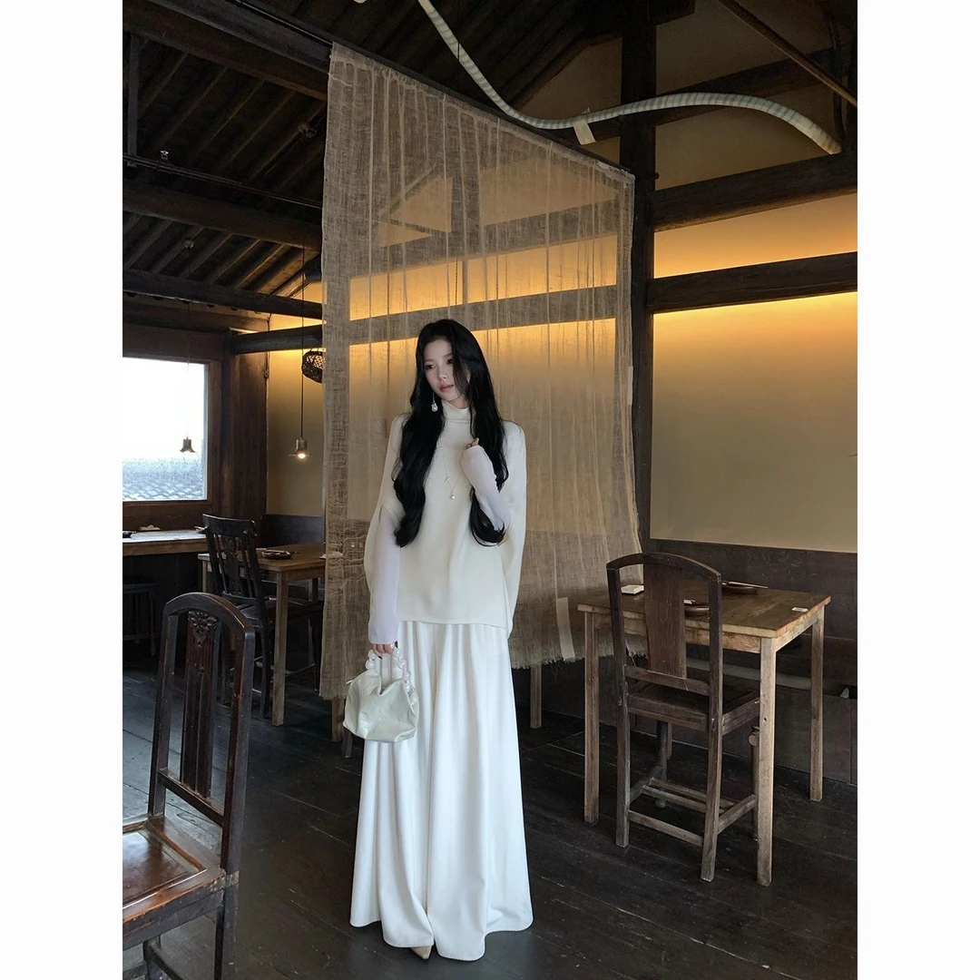 Opeodly高领披肩背心马甲叠穿套装温柔慵懒风高级感上衣软糯套头