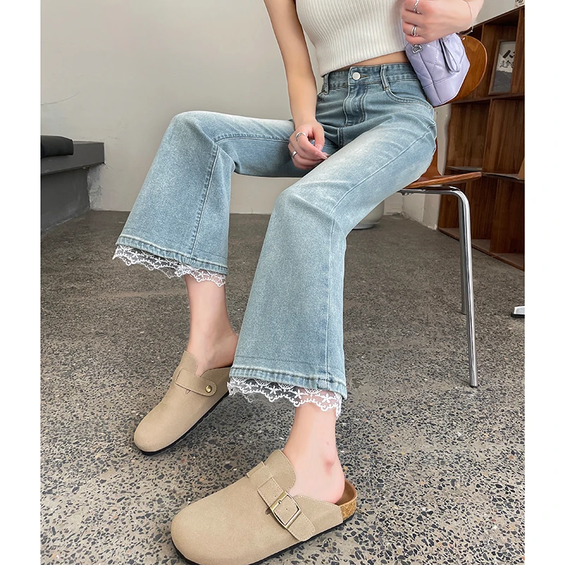 蕾丝微喇牛仔裤女2025夏季薄款时尚高腰显瘦花边九分喇叭裤小个子
