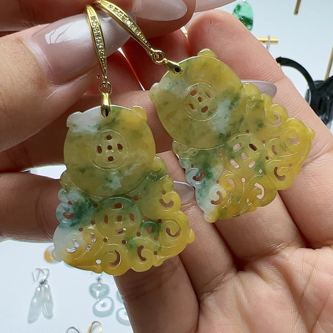 银S925镶嵌翡翠耳饰鸿**雪天然缅甸A货翡翠
