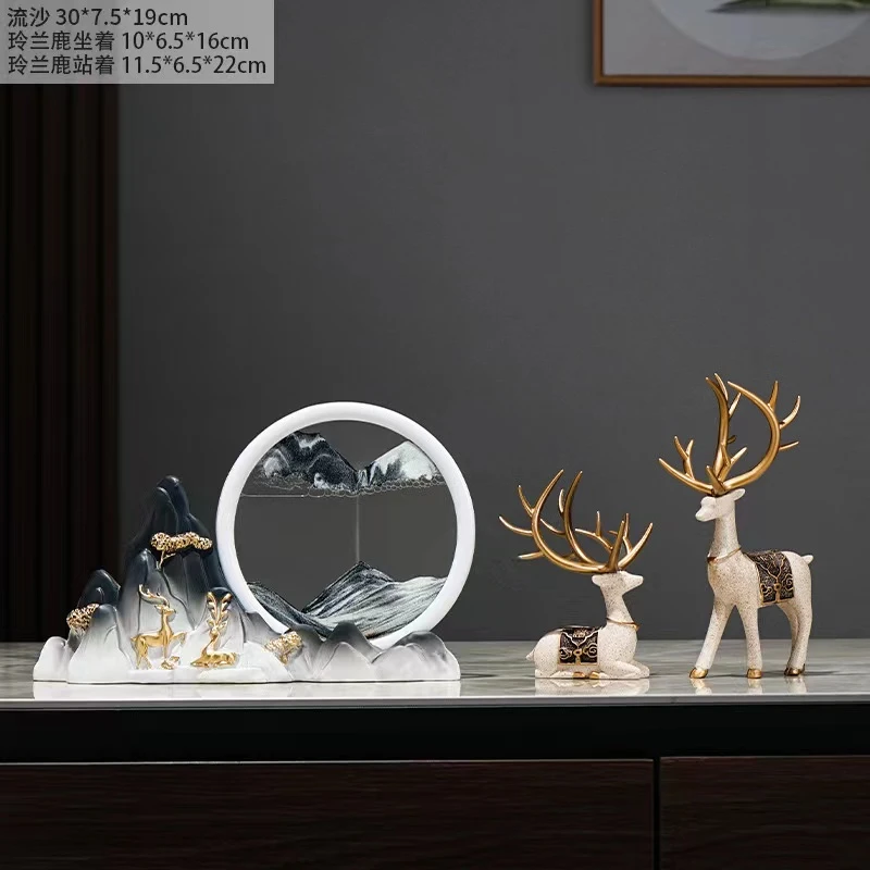 新中式流沙画摆件创意轻奢鹿摆件电视柜客厅酒柜装3d立体流沙画