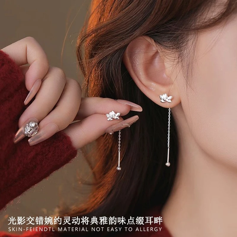 足银耳饰 纯银s999小众莲花耳线女气质秋冬耳饰网红爆款耳坠复古