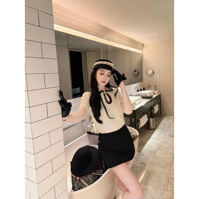 2025秋冬时髦气质洋气蝴蝶结少女感针织短袖上衣高腰修身半裙套装