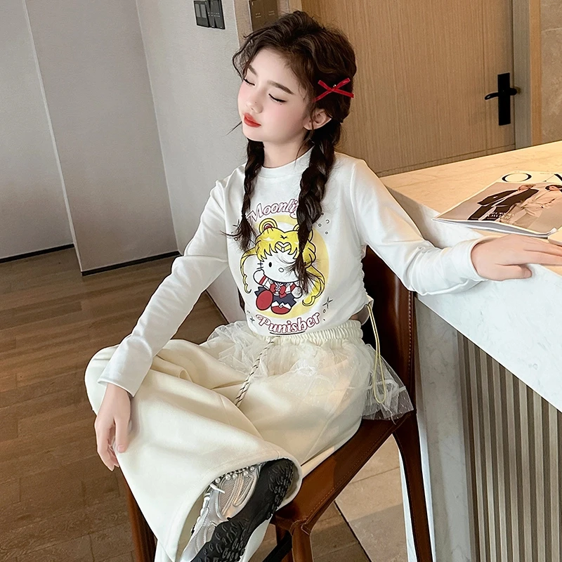 女童甜美休闲运动套装2205春秋新款T恤打底花边阔腿裤卫裤两件套