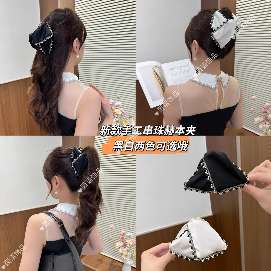 茵语饰品  2025新款手工串珠三角赫本夹 法式 高级感后脑勺鲨鱼夹