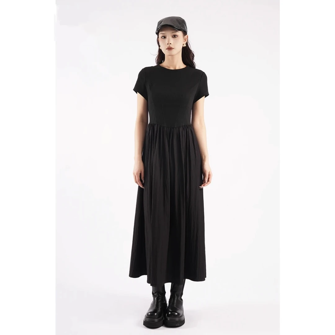 GIRDEAR/哥弟气质百搭显瘦中长裙复古法式优雅短袖连衣裙850001