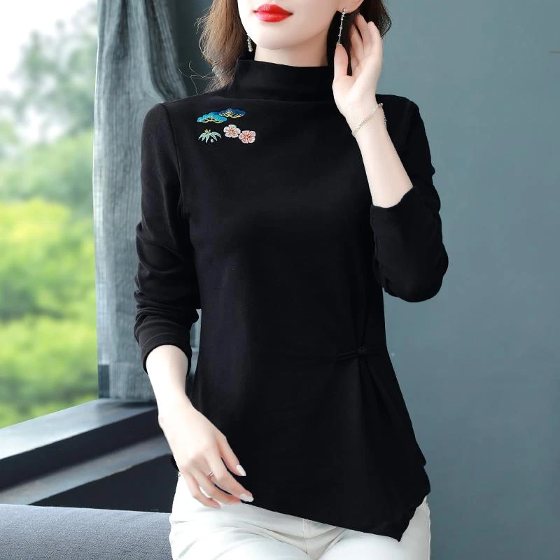 杜拉妮高领打底衫女长袖春装设计感盘扣绣花T恤显瘦时髦洋气不规