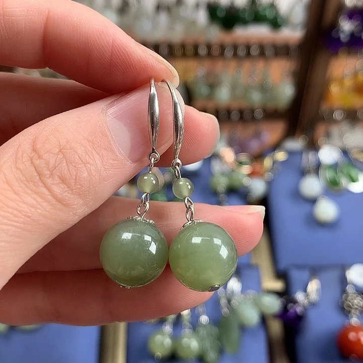 和田玉银S925镶嵌耳饰12左右晴水绿