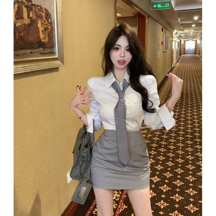 御姐风制服套装气质领带长袖收腰衬衫女秋季穿搭包臀半身裙两件套