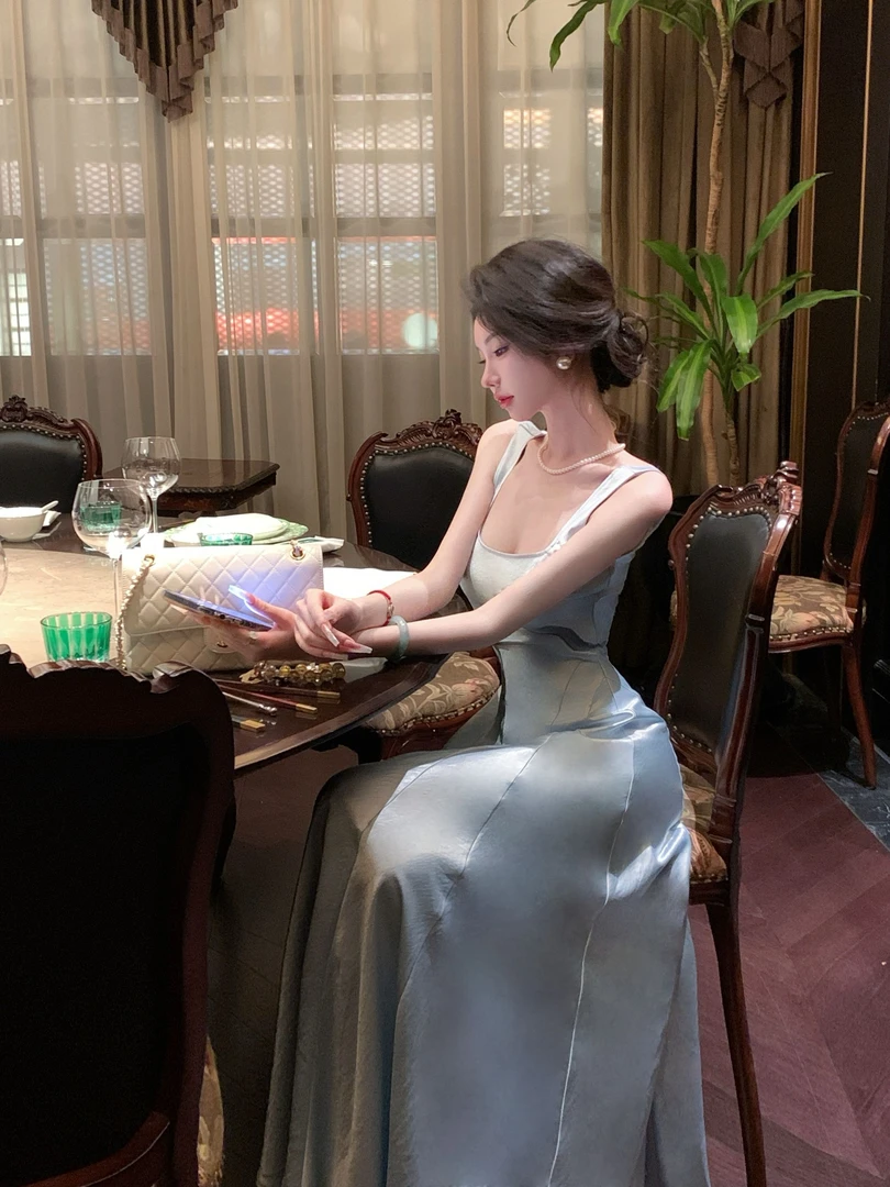 【雅乔定制】千金茶会 素色光感缎面连衣裙礼服裙DYTH-24123674