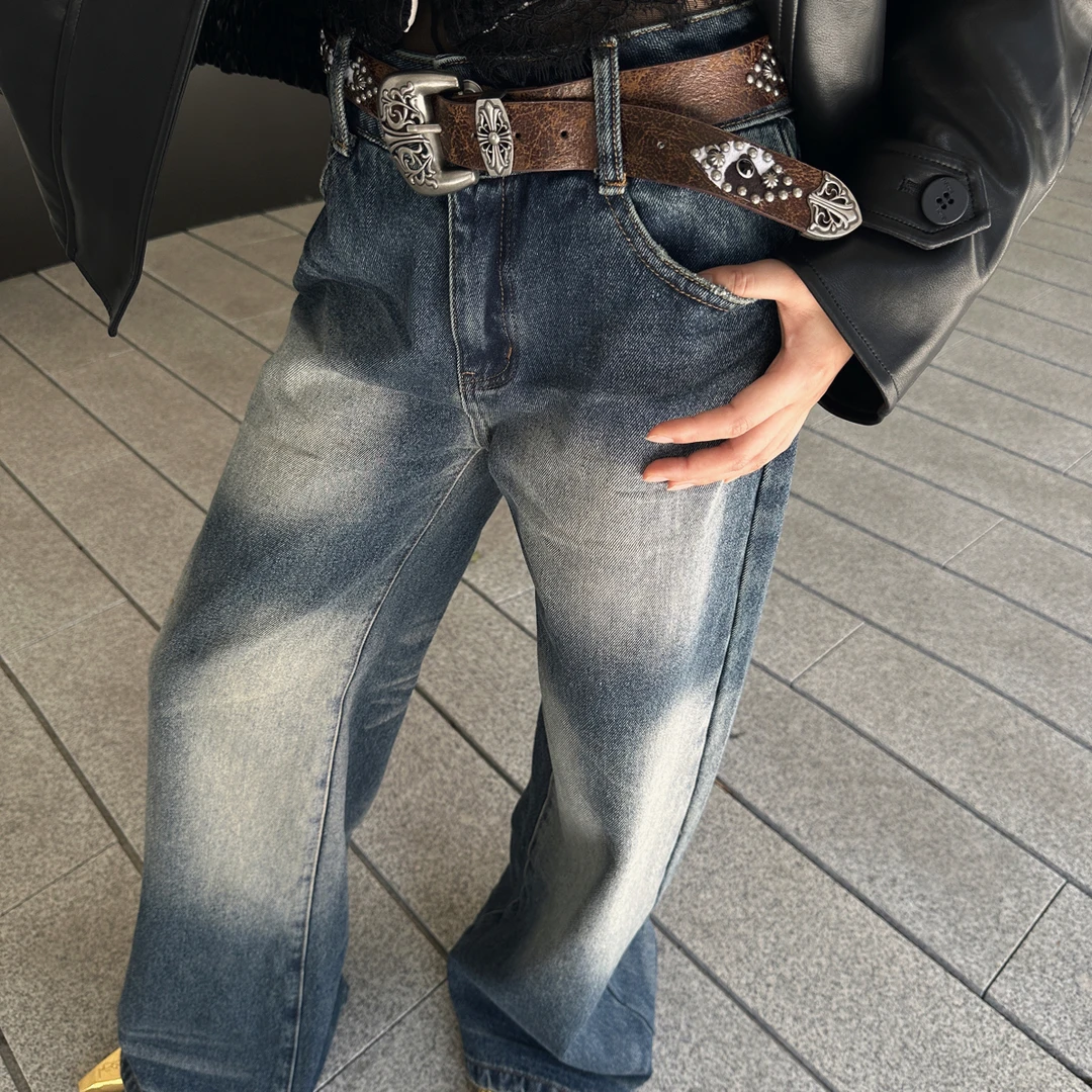 美式复古蓝阔腿低腰直筒微喇牛仔裤宽松显瘦加长拖地裤重工水洗