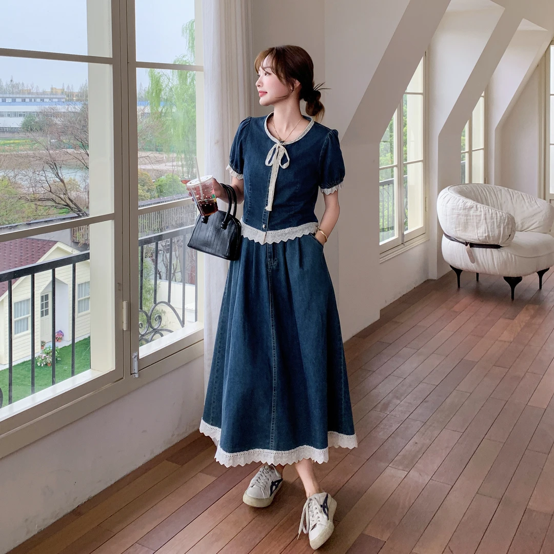 可盐可甜休闲牛仔套装裙女2025夏季新款复古蕾丝拼接半身裙两件套