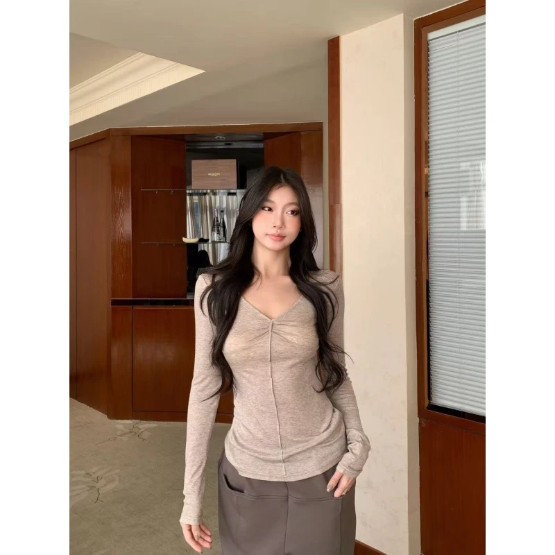 withmin凉皮 立体线设计弹力v领长袖上衣修身辣妹内搭上衣2525297