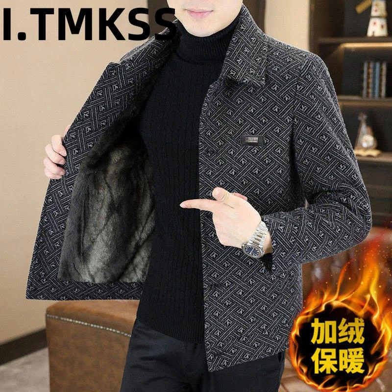 轻熟风翻领夹克外套冬季新款毛呢男短款韩版休闲男士加绒加厚夹克