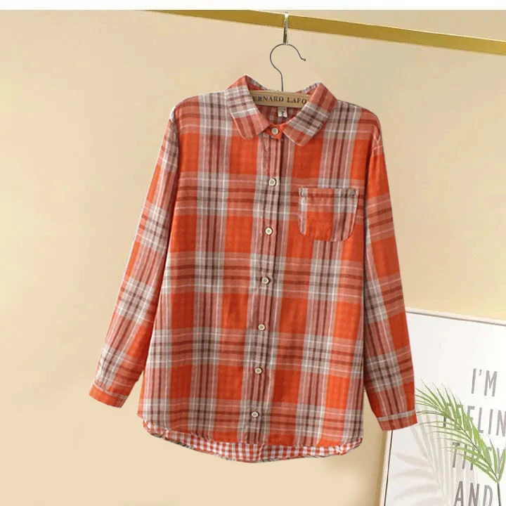 新中式双层纯棉妈妈棉纱大码衬衫女春秋长袖衬衫宽松格子新款上衣