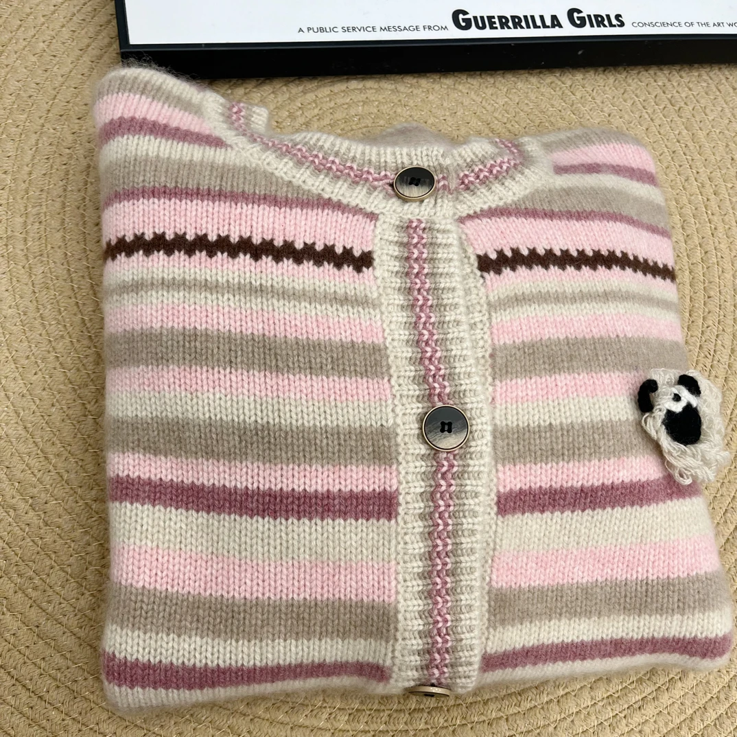 新品～100纯山羊绒拼色条纹加厚开衫