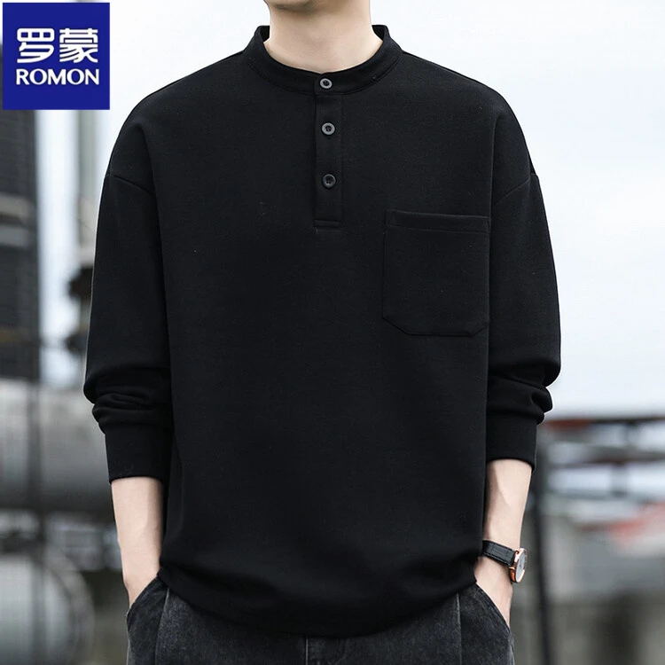 罗蒙春秋装圆领男士长袖卫衣时尚潮流百搭打底T恤衫纽扣休闲上衣
