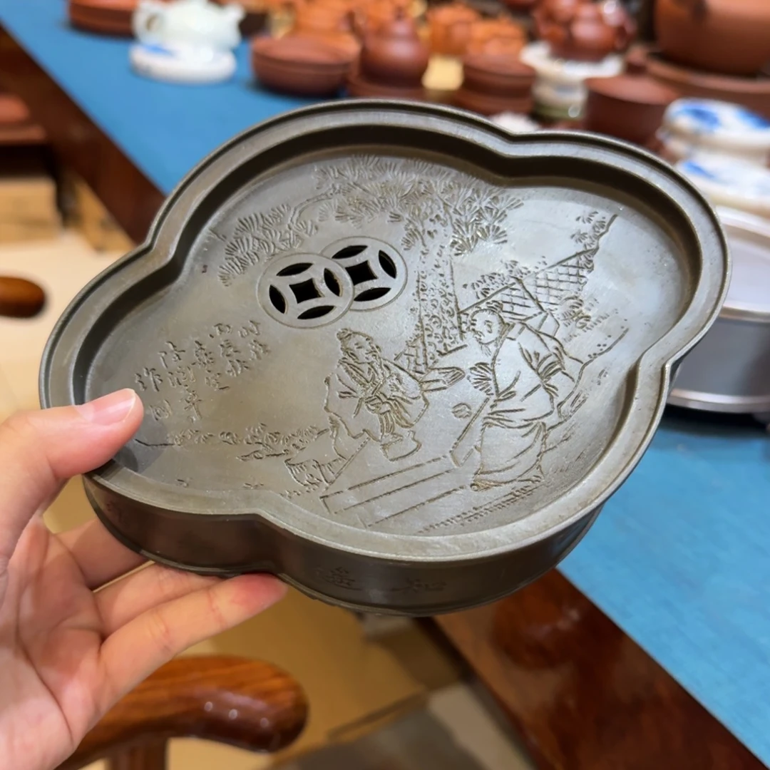 老***张潮州回流老锡海棠双铜钱小壶承茶船