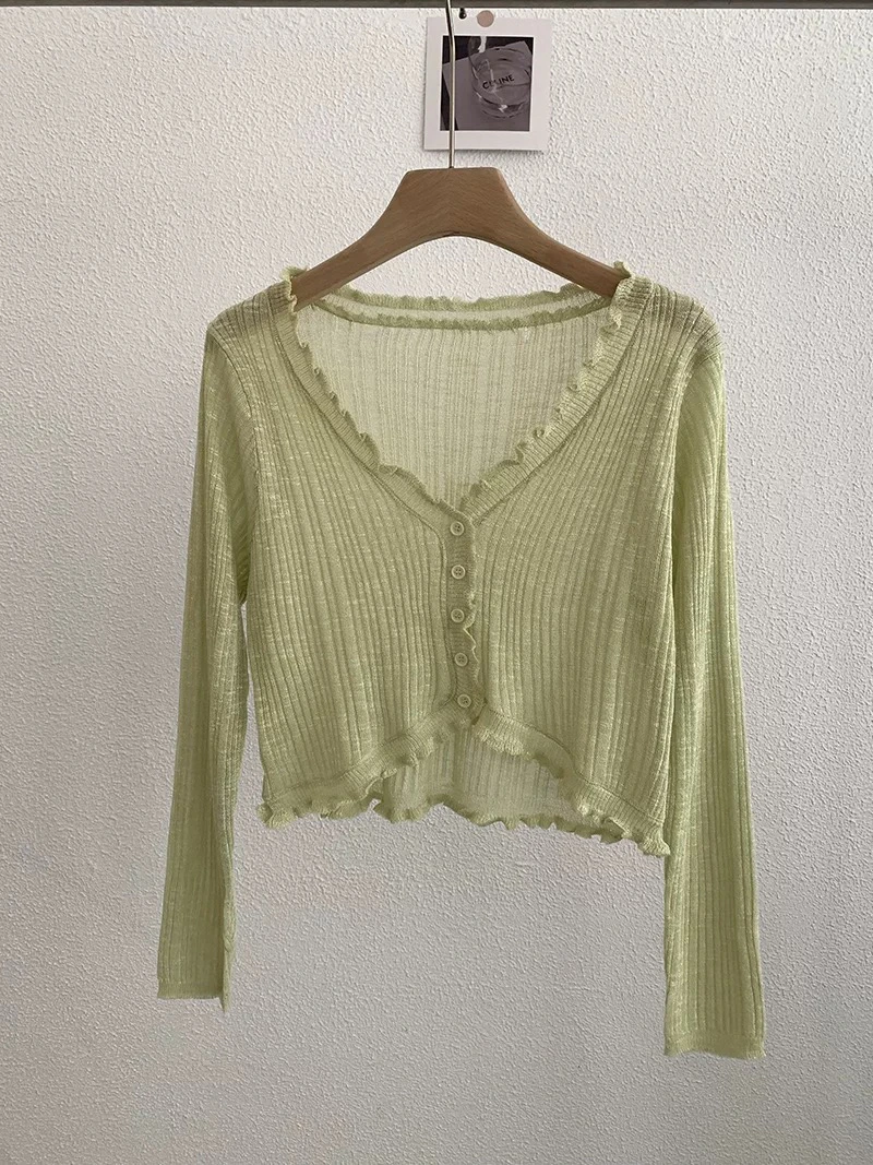 【海南简爱】 木耳边v领薄款针织开衫短款上衣 117