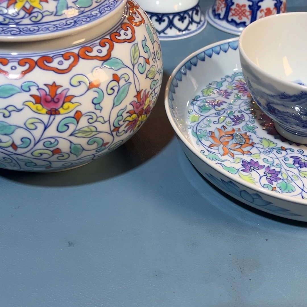 农***儿錡镇堂手工手工绘茶叶罐 杯 壶承三件