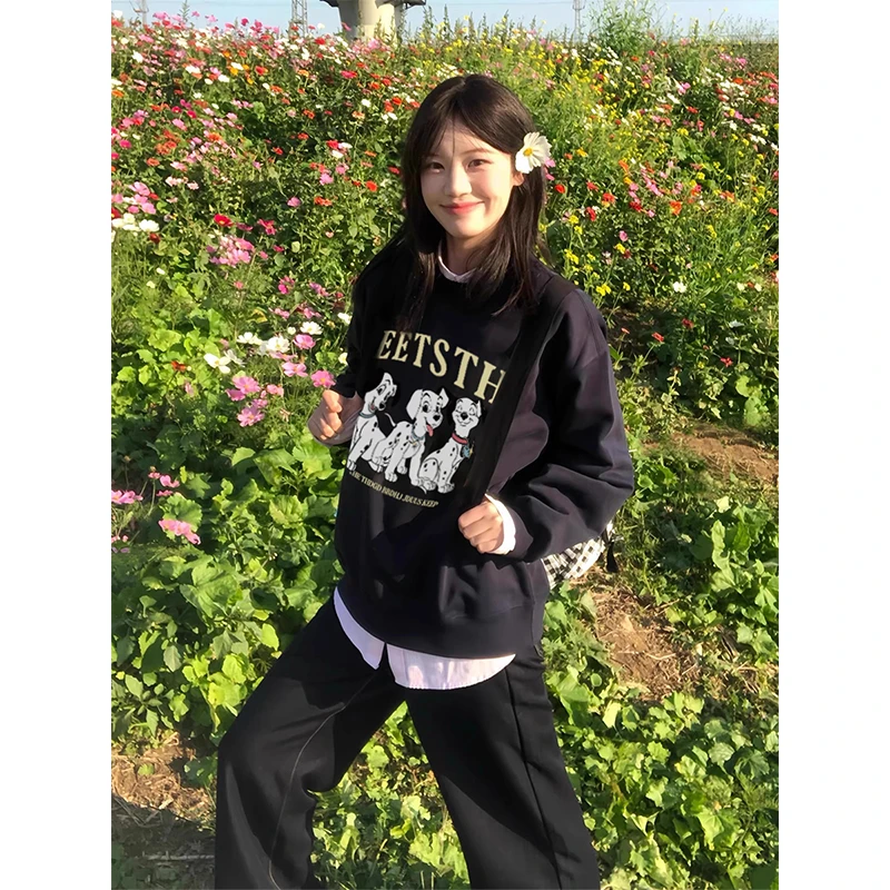 美式趣味可爱斑点狗狗印花圆领卫衣女2025新款秋冬百搭款宽松设计