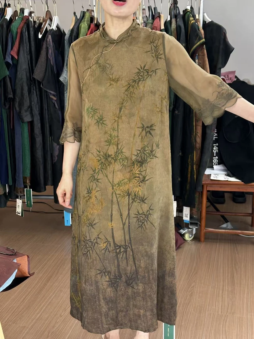 叶辰甄选香云纱  改良旗袍香云纱连衣裙(SXL281070水杉绿)