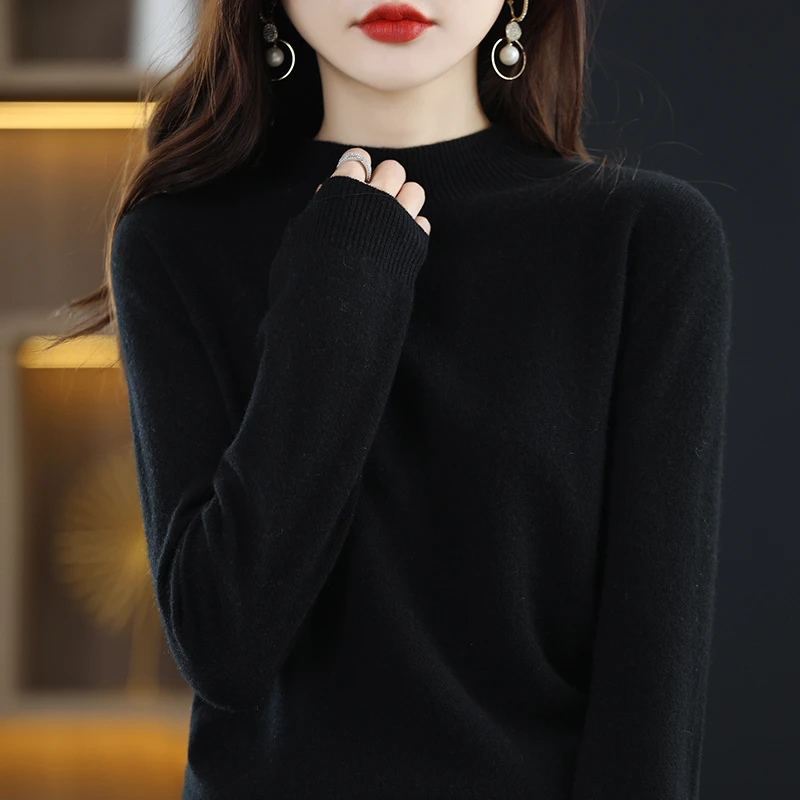 一线成衣半高领羊毛衫女长袖百搭宽松纯色秋冬加厚套头毛衣针织