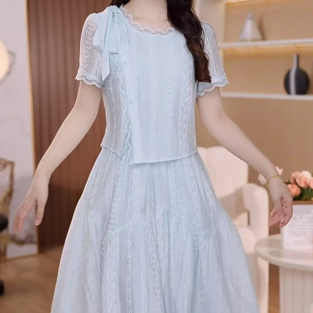 短袖裙子时尚连衣裙气质长裙中腰夏季优雅常规中长裙显瘦法式收腰