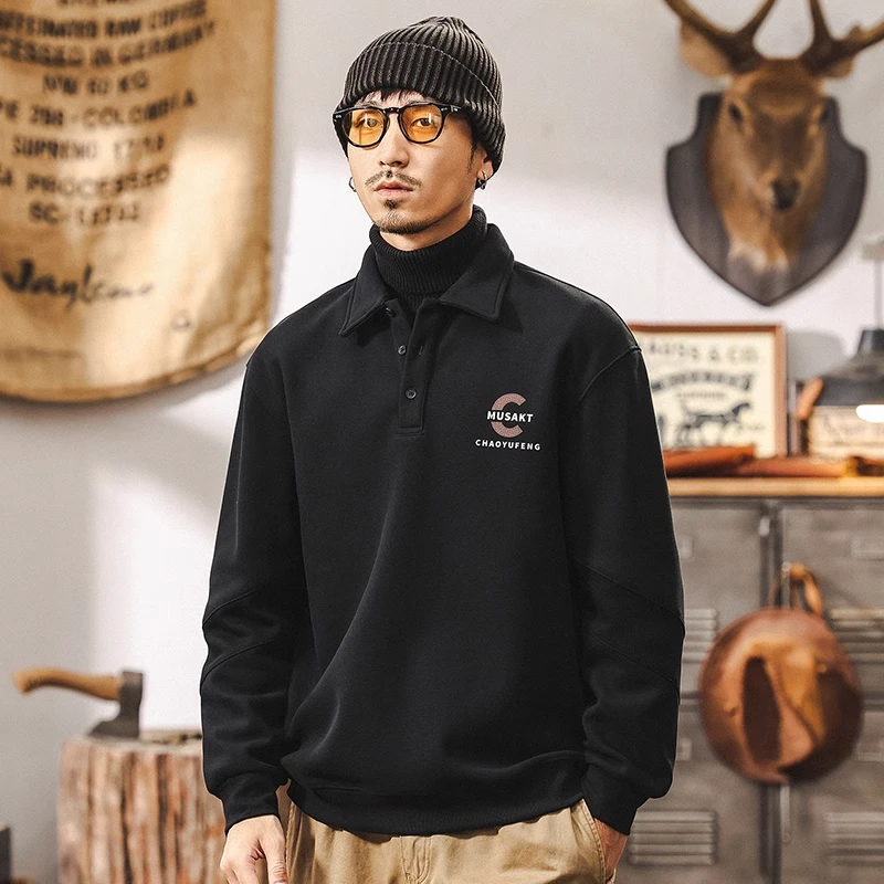 美式复古350g重磅卫衣男士春秋高端新款潮牌宽松Polo衫男休闲上衣
