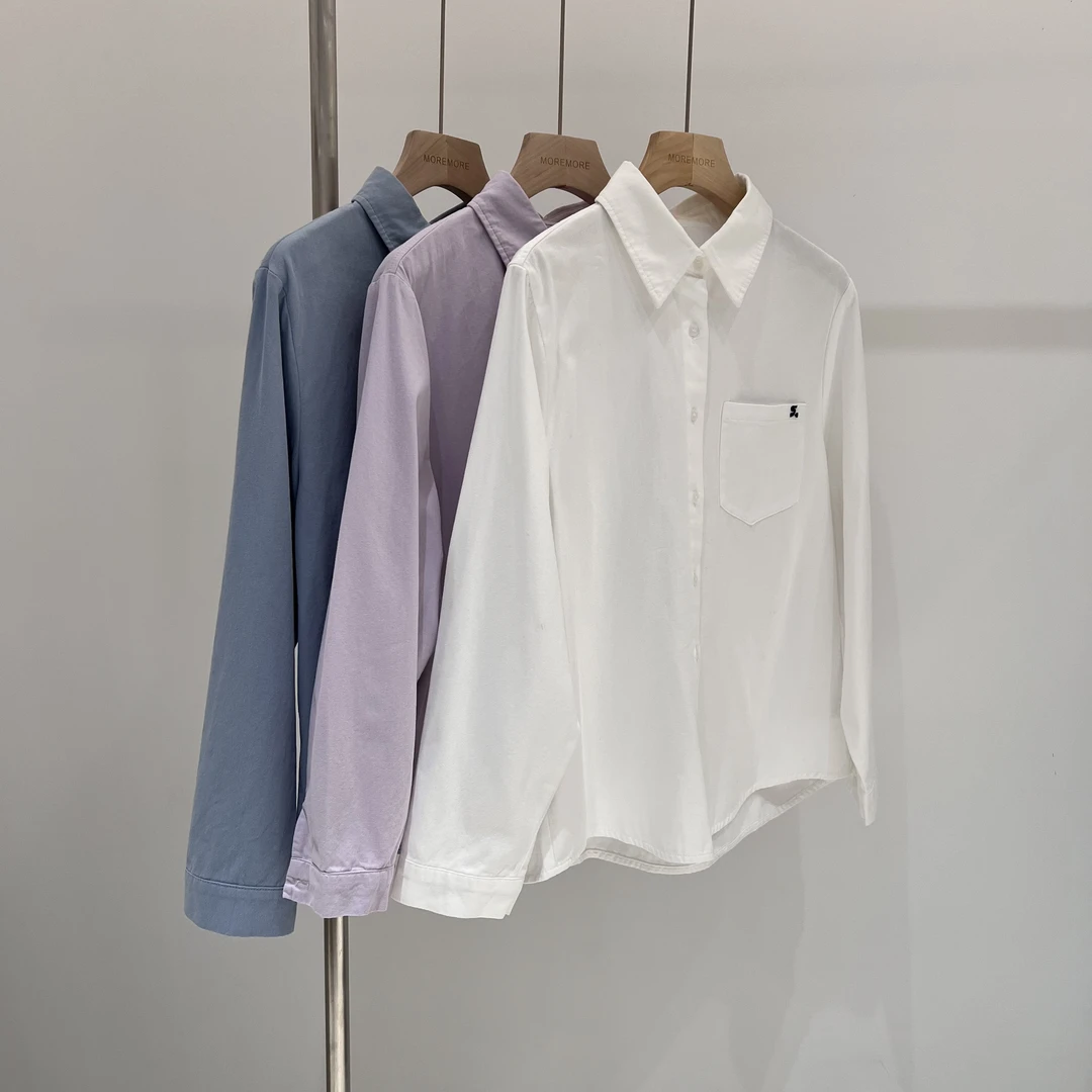 1137韩系简约修身百搭刺绣长袖纯棉衬衫