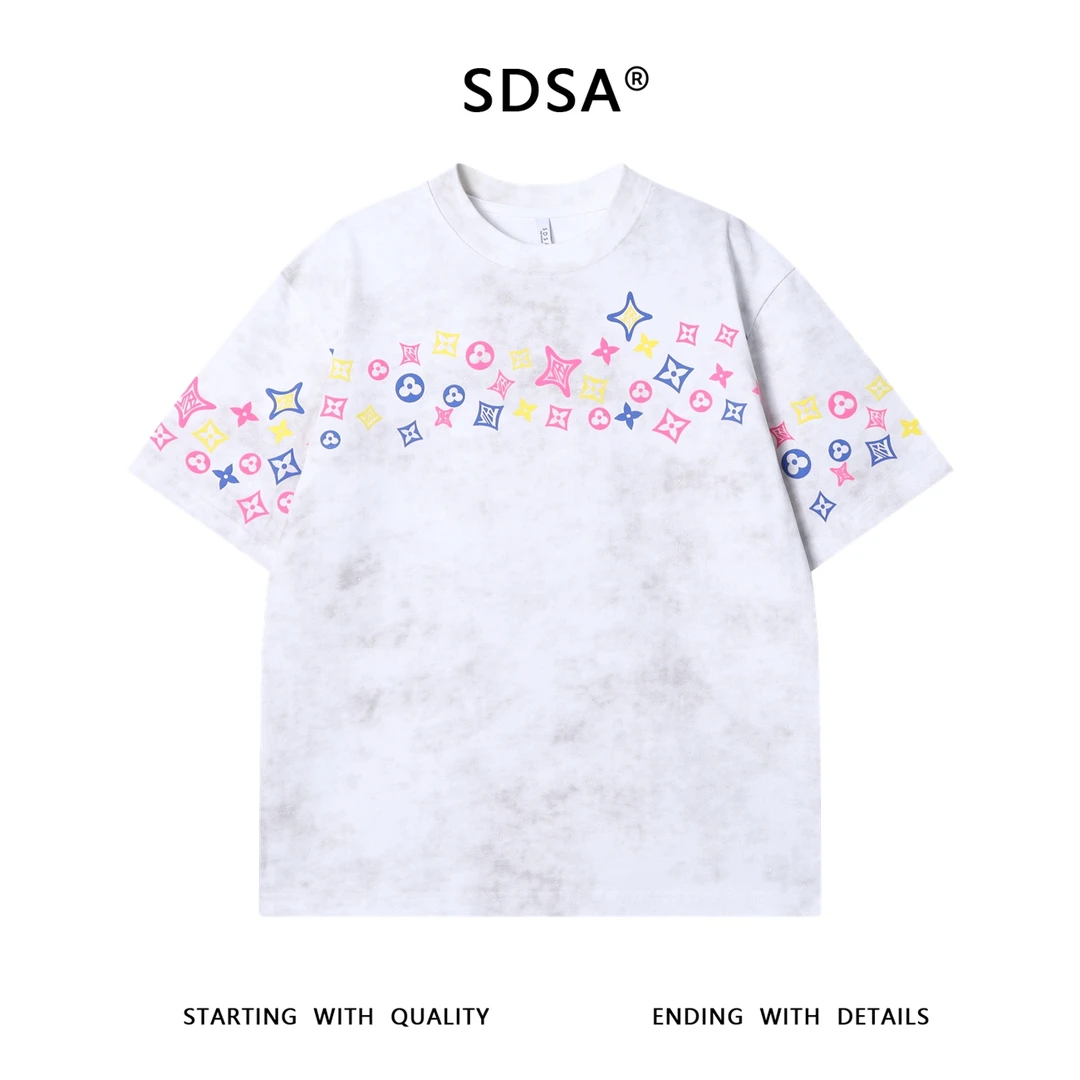 夏季高级感新款美式满天星彩色印花圆领短袖T恤百搭潮流时尚上衣