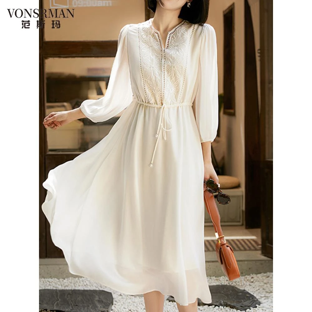 气质简约仙女女装2025初秋新款重工业绣花优雅腰裁中长裙时尚秋季