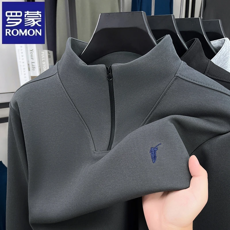 罗蒙纯色半拉链立领长袖卫衣秋冬季马标刺绣休闲中青年时尚打底衫