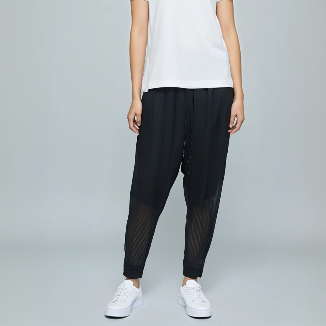 738号 升级版条纹蕾丝松紧腰宽松镂空束脚裤薄款显瘦透气速干裤