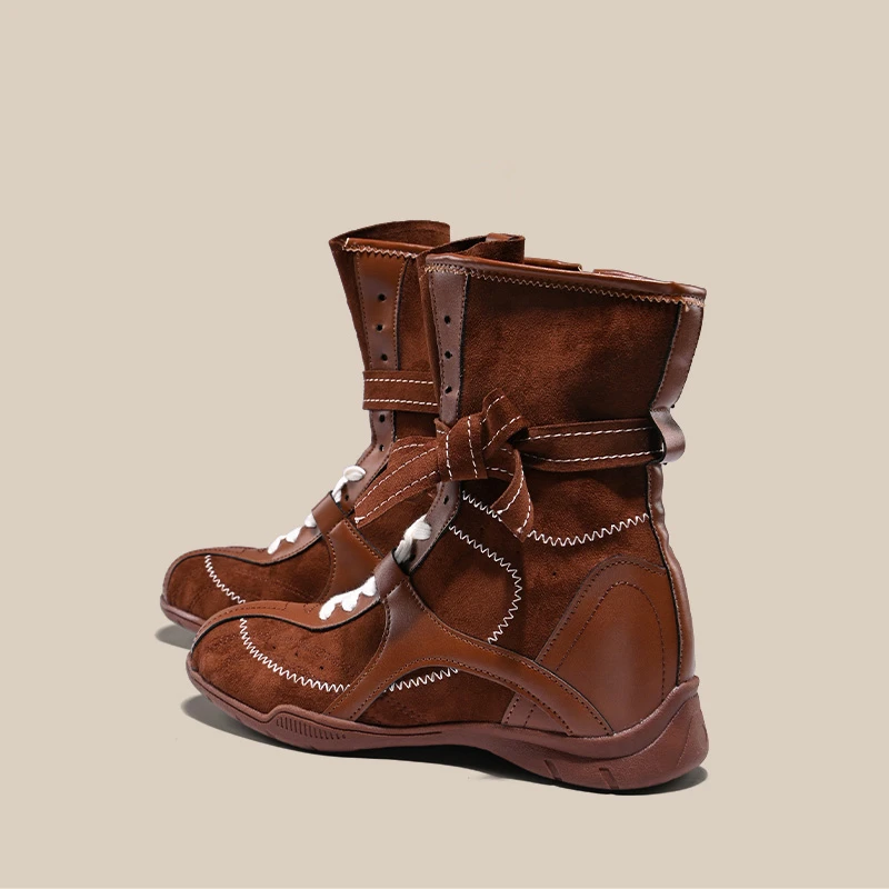 莆田高端正品西部牛仔靴女款2025新款秋季复古百搭棕色厚底拳击靴