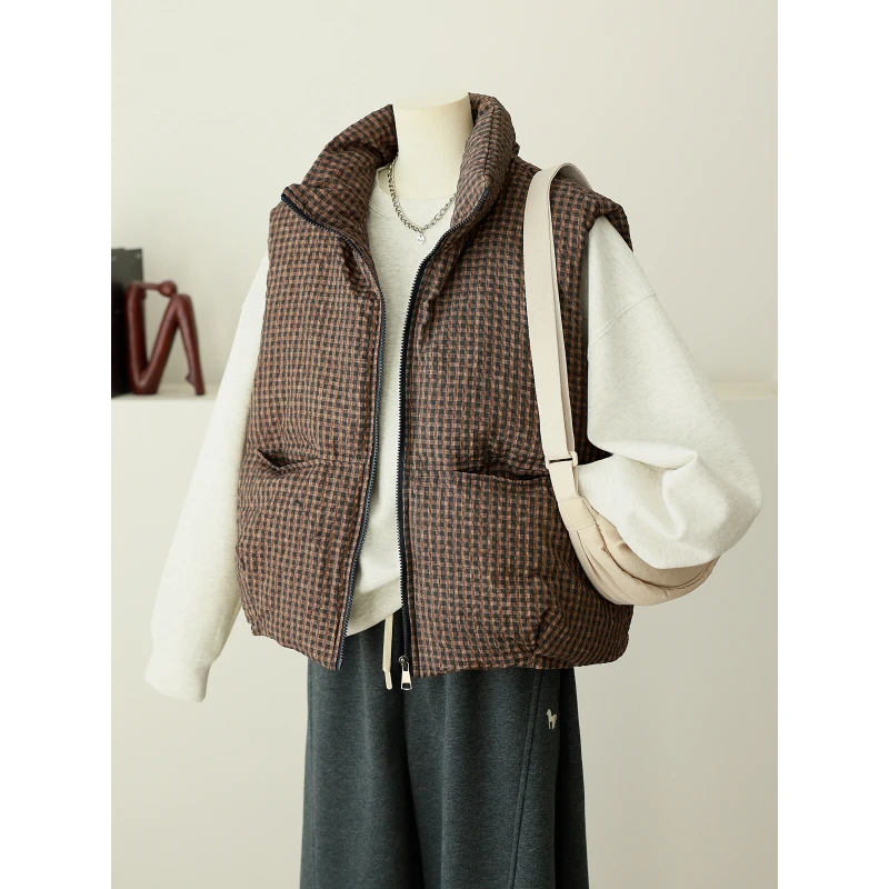 格子马甲女立领休闲百搭宽松显瘦冬季新款无袖外套女