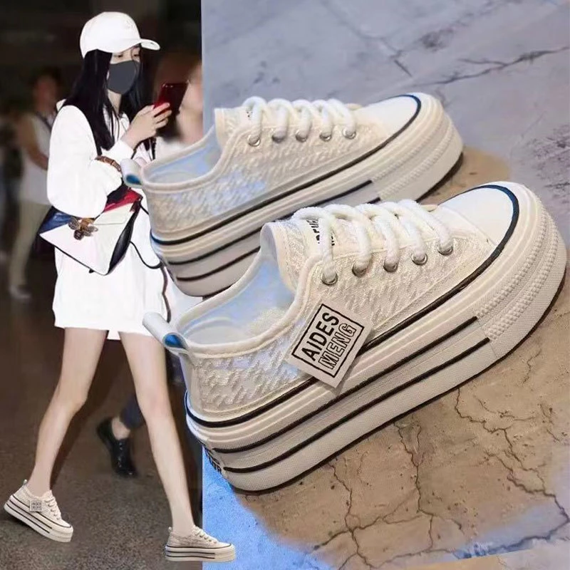 厚底小白鞋女2025年春夏新款薄款网纱透气帆布鞋百搭增高休闲板鞋