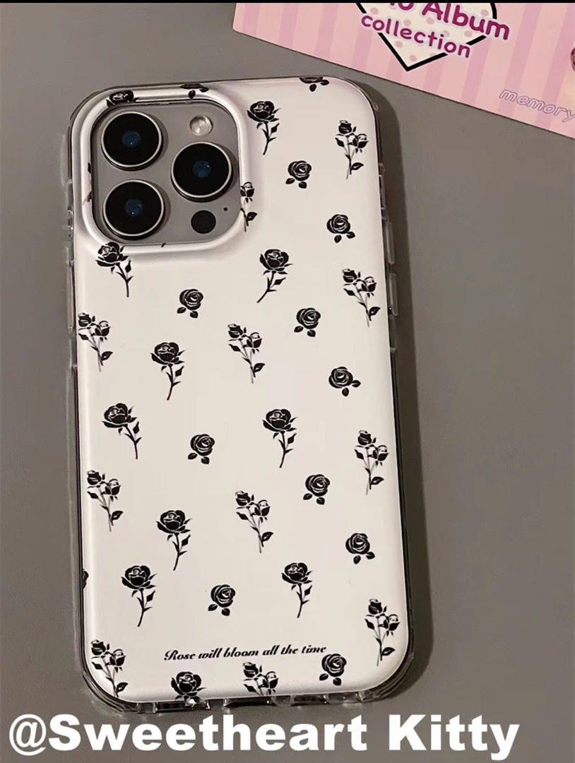 简约银底满屏黑玫瑰圆边双层壳苹果16promax/15/14/13防摔手机壳