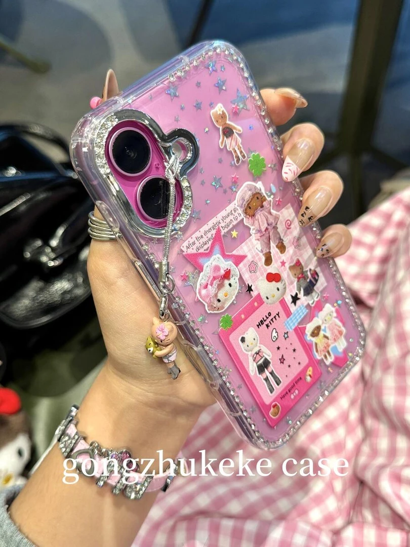 日韩卡通穿搭kitty闪钻框适用苹果15pro手机壳16/14/13防摔保护壳