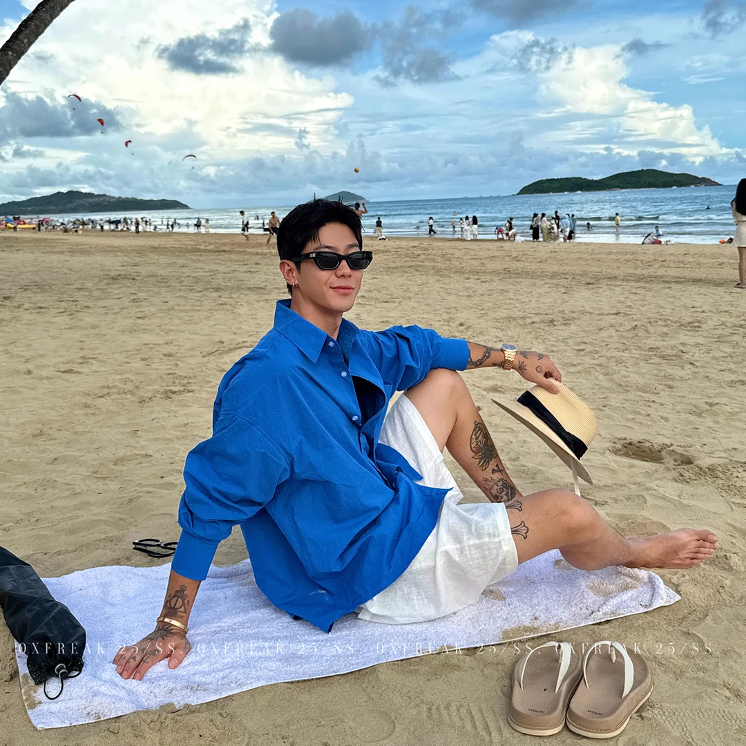 OXFREAK「冲浪圣地」克莱因蓝长袖衬衫男宽松廓形高级感衬衣外套